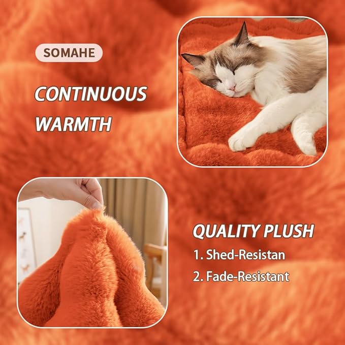 Self-Warming Cat Bed, Plush Faux Fur Pet Bed Mat with Anti-Slip Bottom, Ultra Soft Heated Pad for Cats & Kittens, Cozy Fluffy Bed for Window & Sills Couches, Machine Washable, 23x15 Inch Orange