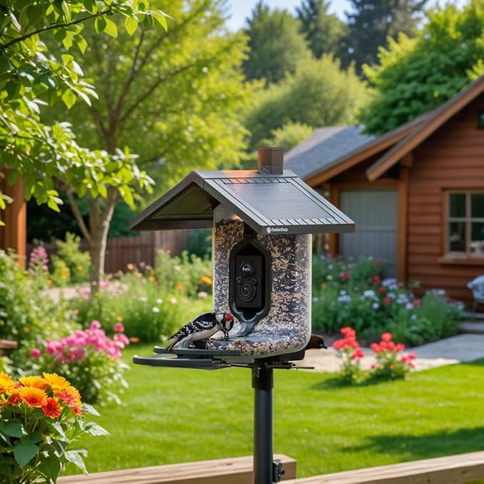 Smart Bird Feeder with AI Identification & HD Camera – Solar-Powered Wi-Fi Feeder Sends Photos & Videos to Your Phone – Includes Pole Mount, Bird Seed, 32GB SD Card, & Cleaning Cloth