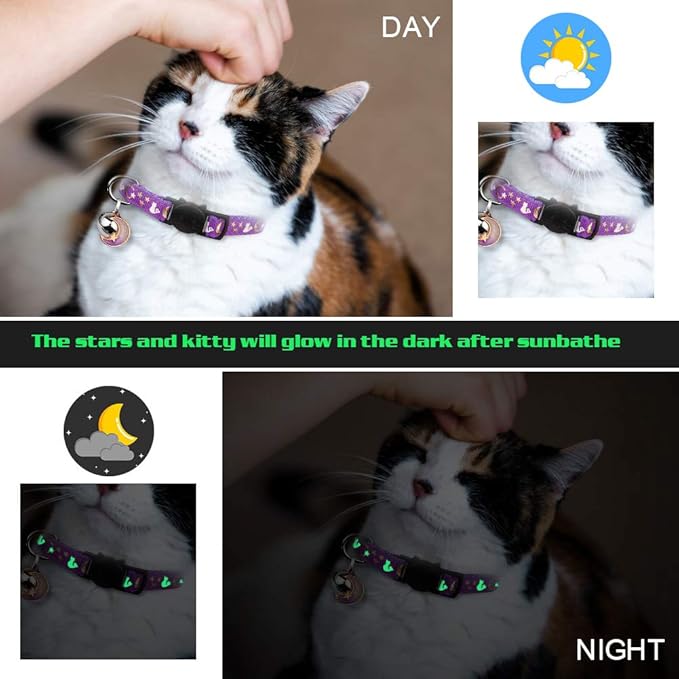 2PCS Breakaway Cat Collars with Bell Cute Kitty Glow in The Dark Adjustable Kitten Collars 7.9-13.0 Inch(Sky Blue&Black)