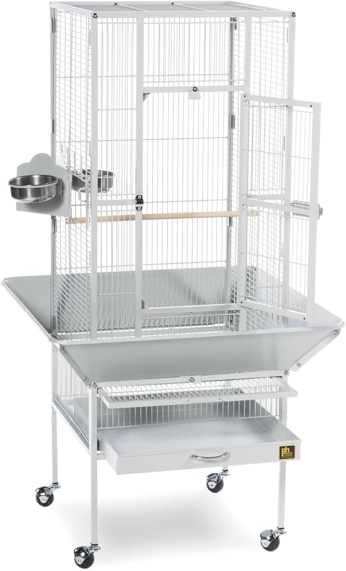 Mid-Century Marvel Bird Cage with Retro-Inspired Design, Durable Construction, Spacious Interior, and Elegant Finish for Stylish Pewter White