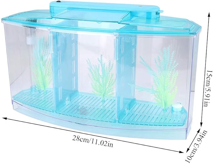 Small Fish Tank with Filter, Aquarium Fish LED Acrylic Three Divisions Breeding Isolation Box for Small Fishes Aquarium Fish (Blue)