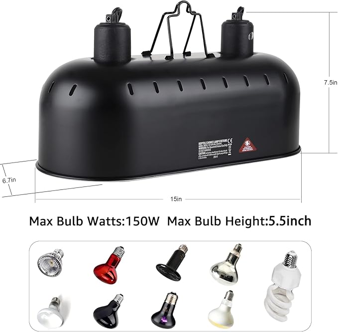 DXOPHIEX 15 inch Dual Reptile Light Fixture, Max 150W Dual Reptile Heat Lamp Fixture with 100W UVA UVB Sun Light & Ceramic Heat Emitter,Double Dome Lamp for Terrarium and Tortoise Habitat