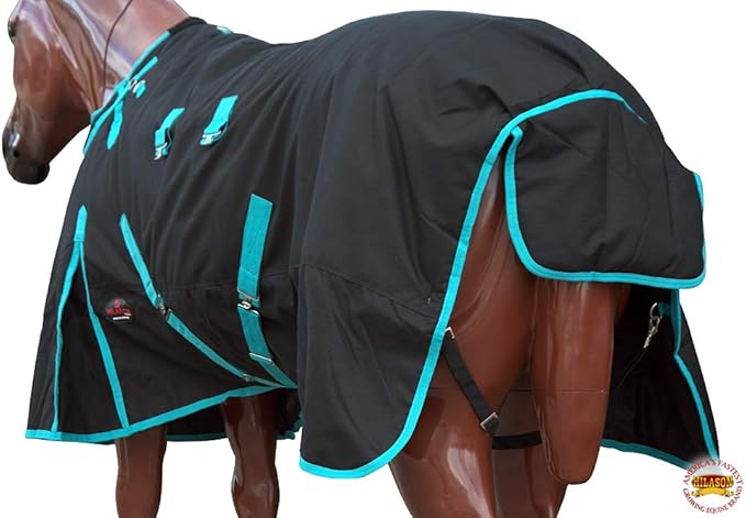 HILASON Black with Turquoise Trims 69 inch 1200D Winter Waterproof Poly Horse Turnout Blanket Belly Wrap