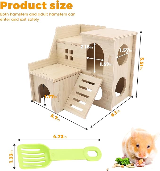 Wooden Dwarf Hamster House, Hamster Tiny House Hideout, Hamster Maze House, Large Balcony Lookout Holes, Easy to Assemble, Detachable Parts, Secure Hideaway, C