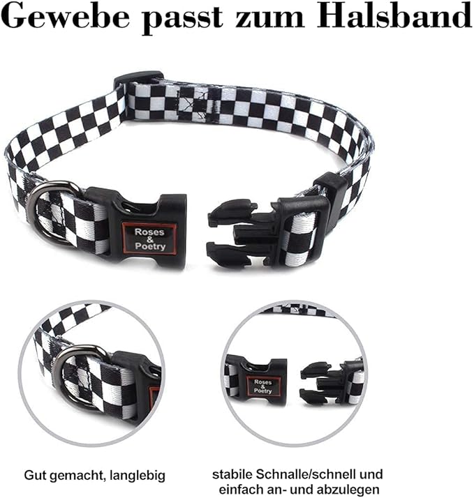Roses&Poetry Dog Collar with Colourful Checkered Patterns, Adjustable Durable Puppy Collars for Small Medium Large Dogs (Black & White-S)