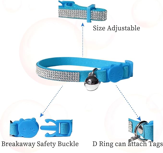 Rhinestone Cat Collar Breakaway with Bell Safety Buckle, Adjustable Diamond Girl Boy Kitty Cute Comfy Collar for Kitten Tiny Little Pets Rabbits, 6"-9" Sky Blue Extra Small