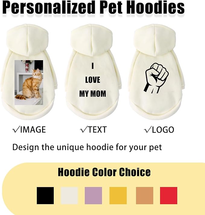 Custom Dog Hoodie, Personalized Sweatshirt with Photo Text Name Logo, Customized Hooded Sweater for Small Medium Large Dogs & Cats (Beige, Small)