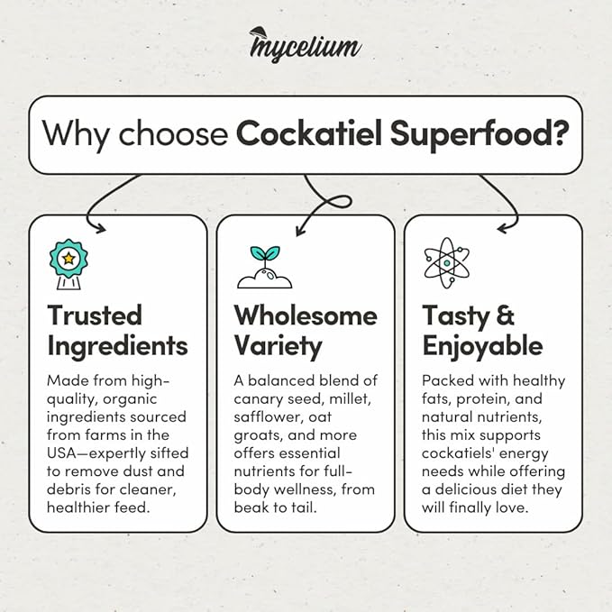 Mycelium Organic Cockatiel Superfood Bird Seed (5 LBS) | Premium Bird Food for Cockatiels & Small Parrots | Supports Immunity, Digestion & Development | Non-GMO, No Fillers, Made in USA