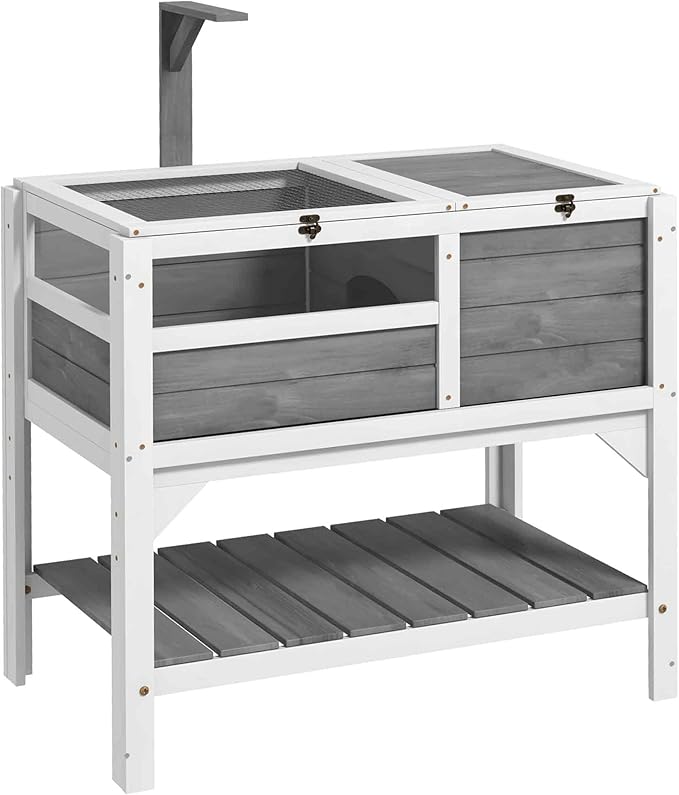 PawHut Tortoise Habitat with Shelf Storage, Tortoise Enclosure with Weather Protection, Reptile Enclosure with Tray, Light Support Frame, Light Gray