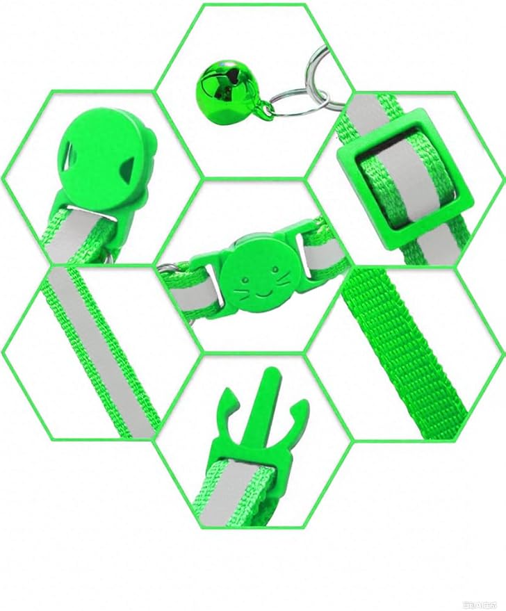 3 Pack Reflective and Breakaway Cat Collars with Bells，Adjustable Kitten Collars from 7.5 to 12.5 Inches, Ideal of Kitten Collar, Suitable for Girls and Boys(Green)