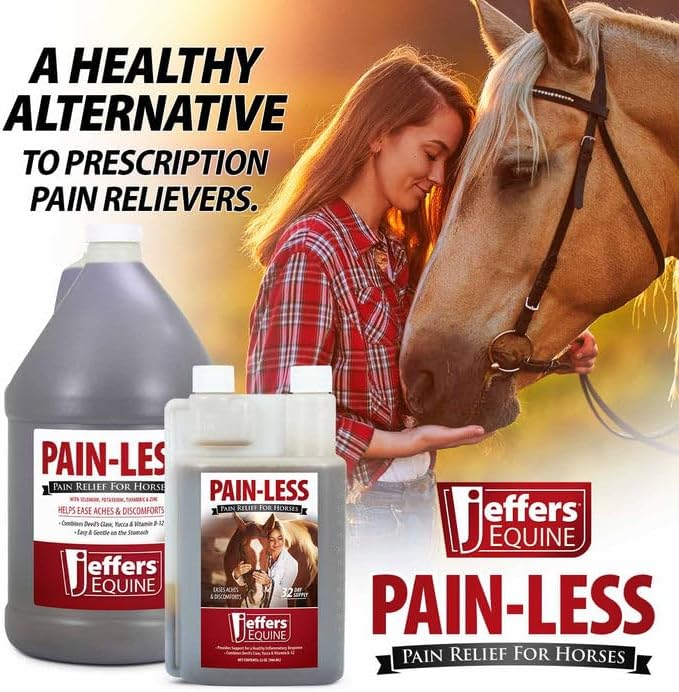 Jeffers Equine Pain-Less Vitamin Formula for Horses – 1 Gal Supplement – Support Healthy Inflammatory Response, Comfort – Devil’s Claw, Yucca, and Vitamin B-12 – Gentle on Stomach – Made in The USA
