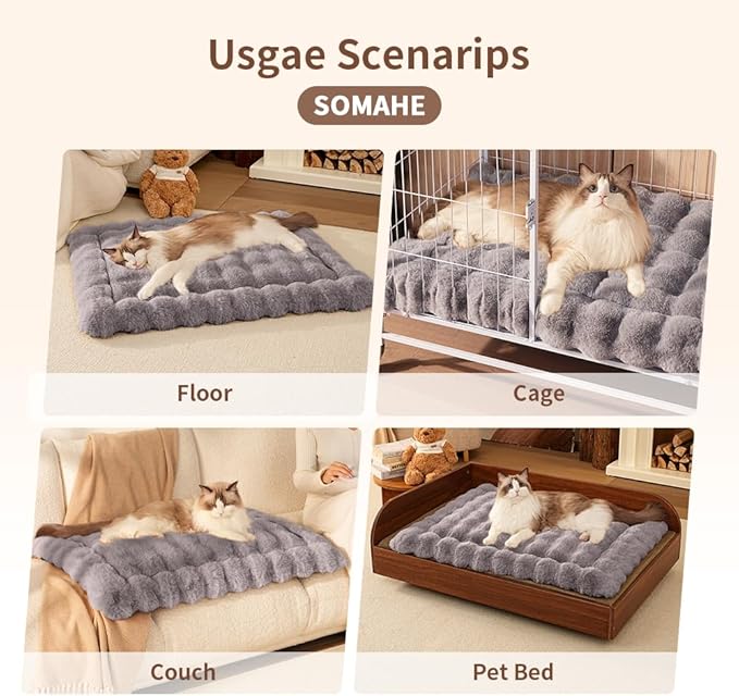 Cat Beds for Indoor Cats Faux Fur Pet Pad Mat Plush Kitten Bed with Non-Slip Bottom for Carriers/Couch Dog & Puppy Friendly 35 x 27 Inch X-Large Gery