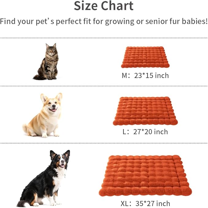 Self-Warming Dog Bed, Plush Faux Fur Mat with Anti-Slip Bottom, Ultra Soft Heated Pet Bed for Medium Large Dogs, Cozy Fluffy Pad for Carriers Couch Crate, Machine Washable, 35 x 27 Inch Orange