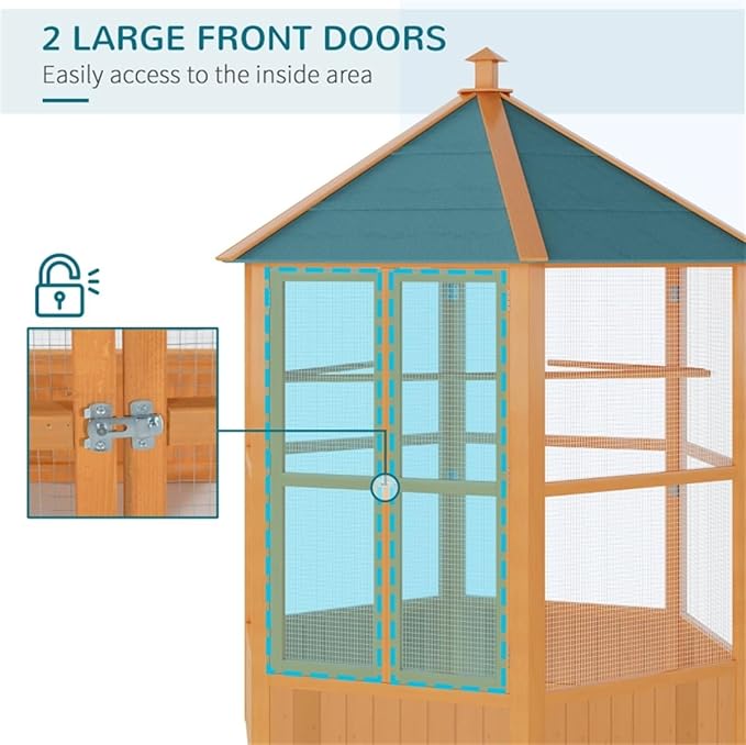 59" Large Wooden Hexagonal Outdoor Aviary Flight Bird Cage with Covered Roof, Green