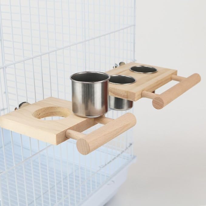 Bird Food Stainless Steel Cups Wooden Perch Stand Hanging Feeder Bowls Feeding and Watering Supplies for Parakeets Conures Cockatiels Budgie Parrot (S)