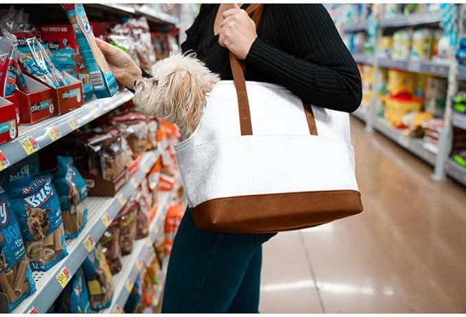 Premium Pet Carrier Tote Bag with Multiple Pockets, Brown/White PU Leather, 18.5L x 7W x 11.5H inches (Brown)