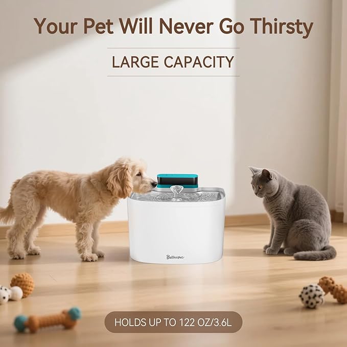 Cat Water Fountain, 122oz/3.6L Pumpless Wireless Cat Fountain, Cordless Water Fountains for Cats Indoor, Dog Pet Water Fountain Battery Operated with Stainless Steel Tray (White, Fountain+2 Fliters)