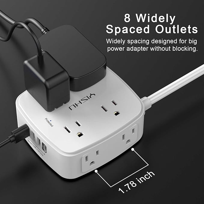6 Ft Surge Protector Power Strip - YISHU 8 Widely Outlets with 4 USB Ports, 3 Side Outlet Extender with 6 Feet Flat Extension Cord, Ultra Flat Plug, Wall Mount, Desk USB Charging Station, ETL, White