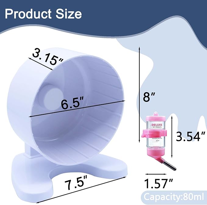 6.5" Super Silent Hamster Wheel with Stand & Water Bottle – Ultra Quiet Exercise Running Wheel for Gerbils, Syrian & Dwarf Hamsters, Chinchillas, Small Pets – Noiseless Spinning Design,White