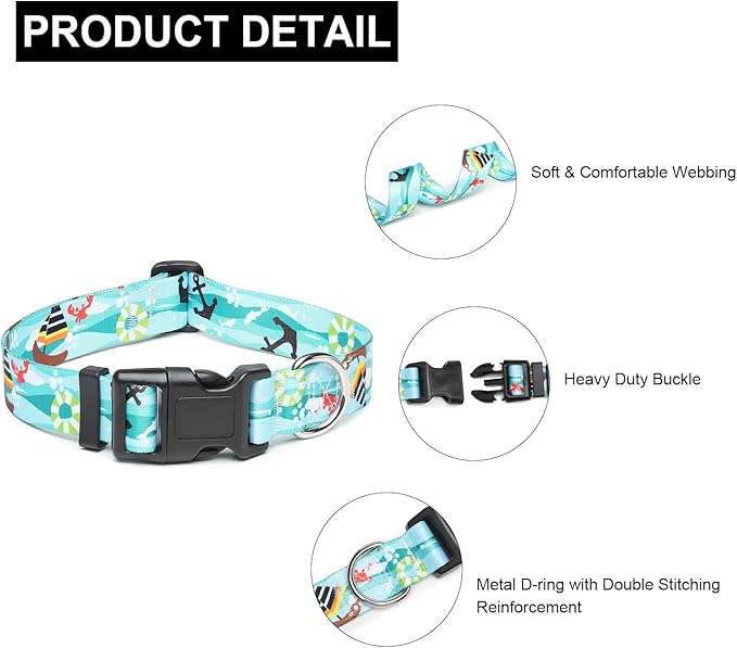 Mercano Adjustable Dog Collar - Special Design Patterns, Soft Nylon Comfortable Durable Pet Collar for Small Medium Large Dogs (M, Sail)