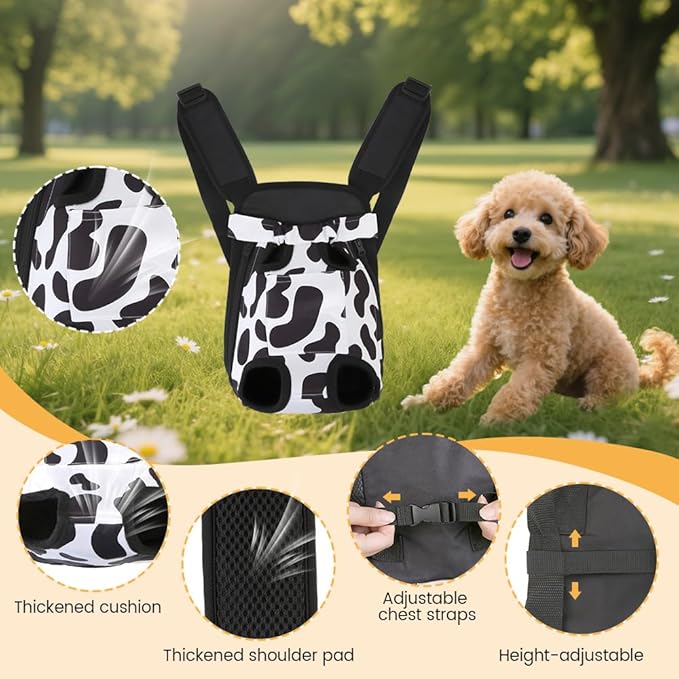 Inspack Dog Backpack Carrier/Cat Carrier, Adjustable Pet Front Carriers Travel Bag for Puppy Medium Dogs, Legs Out, Soft Ventilated Dog Chest Carry Backpacks for Hiking/Camping, 2.5-4 lbs, Cow Print