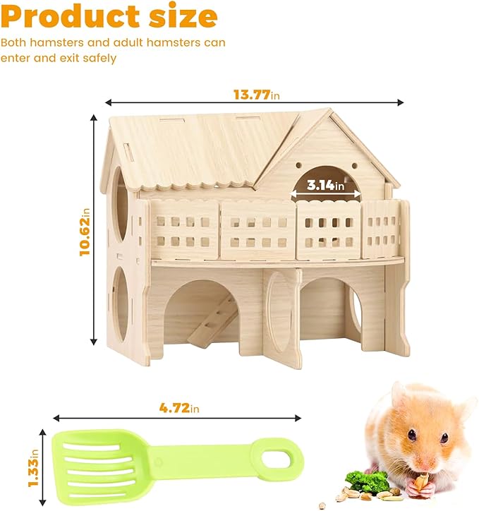 Wooden Dwarf Hamster House, Hamster Tiny House Hideout, Hamster Maze House, Large Balcony Lookout Holes, Easy to Assemble, Detachable Parts, Secure Hideaway, B