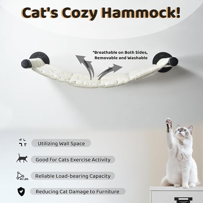Cat Hammock Wall Mounted, 22.83 x 12.44 inch Wall Mounted Cat Shelves, Metal Brackets Cats Beds for Sleeping, Playing, Climbing and Resting Stabilized Wall Furniture for Medium-Sized Cats
