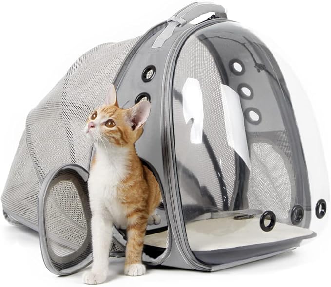 halinfer Back Expandable Cat Backpack Carrier, Fit up to 12 lbs, Space Capsule Bubble Window Pet Carrier Backpack for Kitten Bunny Rabbie and Small Puppy Grey