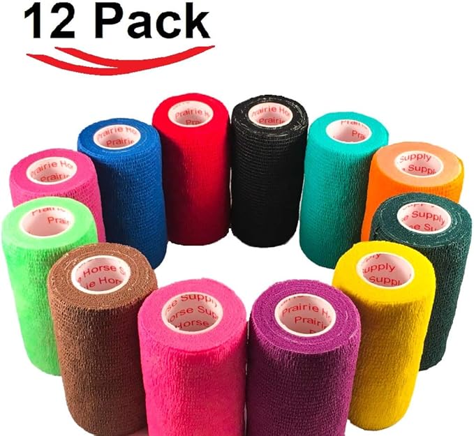 3 Inch Vet Wrap Tape Bulk (Assorted Colors) (Pack of 12) Self Adhesive Adherent Adhering Flex Bandage Grip Roll for Dog Cat Pet Horse