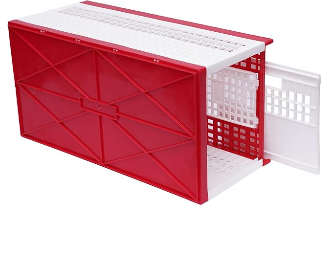 Pigeon Carrier Cage, 23.6"X12.2"X10.2" Plastic Training Basket with 4 Doors (2 Side + 2 Top), Red Foldable Pigeon Cage with Handle,Portable Bird Transport Box for Racing & Release