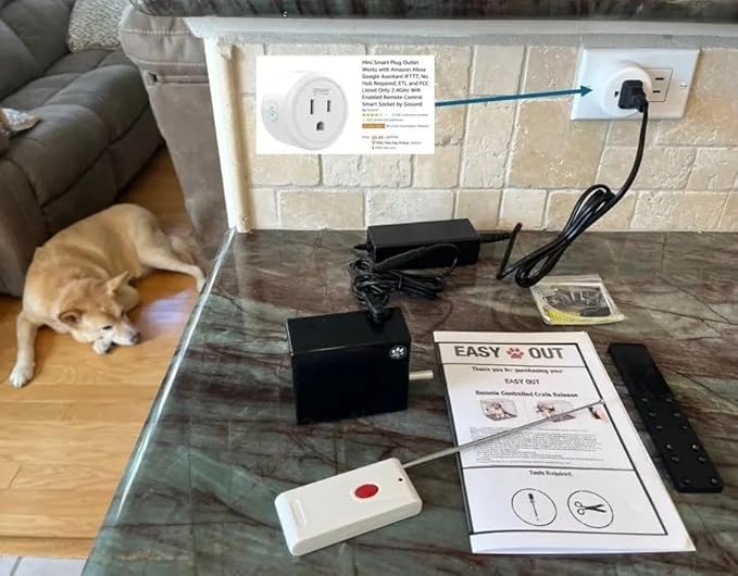 Easy Out Automated Pet Crate Opener for Single or Double Latch Crates, Activated by Remote Control or Wi-Fi Smart Plug, Model EOD2