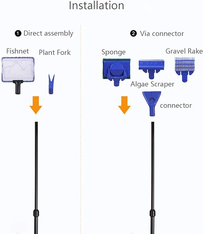 Aquarium Cleaning Tools Kit 5 In 1 Function for Long Deep Fish Tank, Adjustable Length Rod, Including Algae Scrape, Cleaning Sponge, 3.9" Small Fishnet, Gravel Rake, Plant Fork