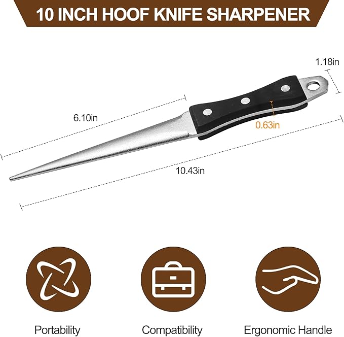 Hoof Knife Sharpener,10 Inch Farrier Tool,Honing Rod with Professional Ergonomic Solid Wood Handle for Hoof Knives and Most Kinds of Farm Knives