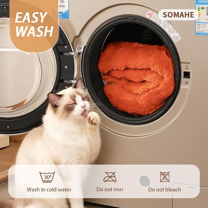 Self-Warming Cat Bed, Plush Faux Fur Pet Bed Mat with Anti-Slip Bottom, Ultra Soft Heated Bed for Cats & Medium Dogs, Cozy Fluffy Pad for Couch & Crate, Machine Washable, 27x20 Inch Orange