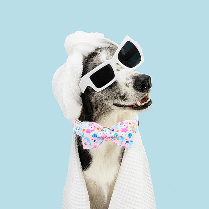 Lionheart glory Dog Bow Collar Sea Animals Print Pink Dog Collar for Medium Dogs,Female Male Dog Collars with Bowtie Spring Summer Collars Soft Adjustable Pet Collar Bows