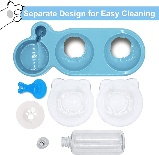 Triple Cat Bowls with Water Dispenser, Pet Whisker Friendly Water and Food Bowl Set with Non-Slip Mat, 15° Tilted Double Feeding Bowls, Elevated Wet and Dry Food Dish for Kitten&Small Dog (Blue)