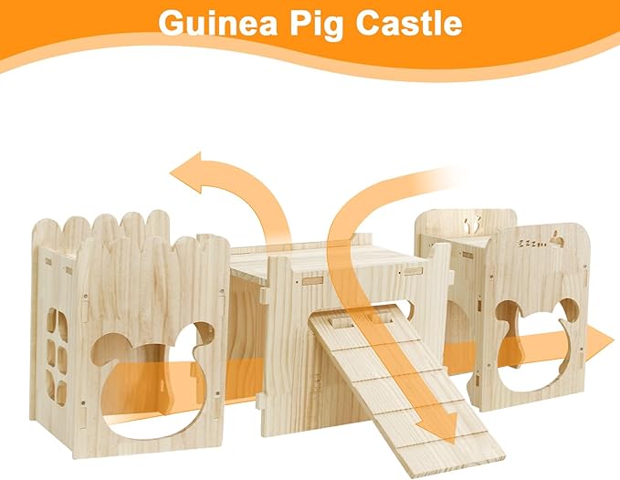 Natural Wooden Rabbit Castle House,Extra Large Bunny Castle for Rabbit Guinea Pig Chinchilla Ferret,Sturdy Bunny House with Stair