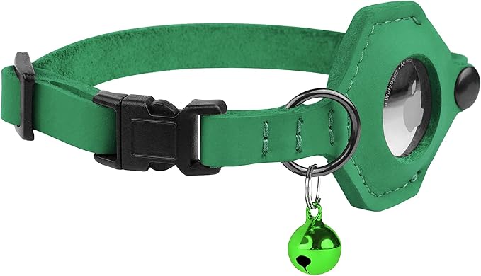 Breakaway Airtag Cat Collar with Removable Bell - Leather Pet Collar with Apple Air Tag Holder - Adjustable GPS Collars for Girl Boy Cats Kitten Puppy - Lightweight, Cute and Comfortable (Green)