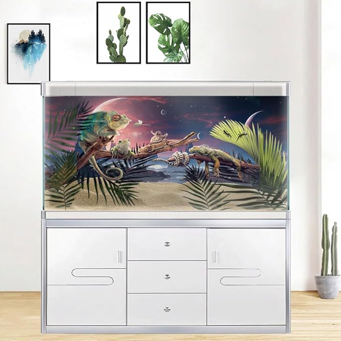 36X20IN Cosmic Spaceterrarium Background, Cool Parallel Space Themed Aquarium Reptile Habitat Background, Red Moon Aquarium Background with 10EVA Double-Sided Tape