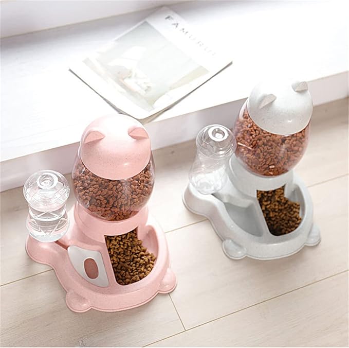 Automatic Cat & Dog Feeder Set, Self-Dispensing Food & Water Dispenser, Large Capacity (Pink)