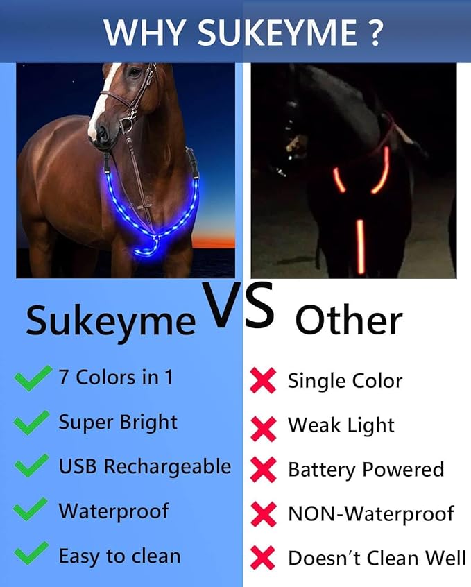 LED Horse Breastplate Collar - 7 Colors in 1 Light Up Horse Tack, USB Rechargeable - Added Visibility & Safety for Night Riding