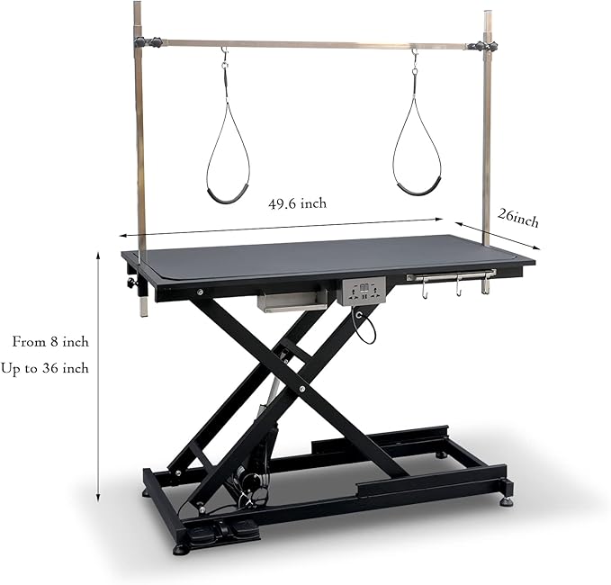 SoarFlash 49.6” Electric Lift Pet Dog Grooming Table,Heavy Duty Electric Grooming Table for Dogs&Cats,Heavy Duty Height Adjustable with Overhead Arm, Clamps, Two Grooming Noose