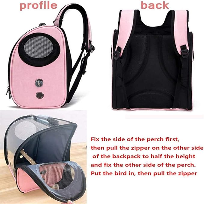 Bird Carrier Clear Parrot Outing Backpack APET Transparent Acrylic Bird Travel Carrier Parrot Travel Cage Panoramic Pet Backpack for Puppy Kitten 33x38x17cm (Pink)