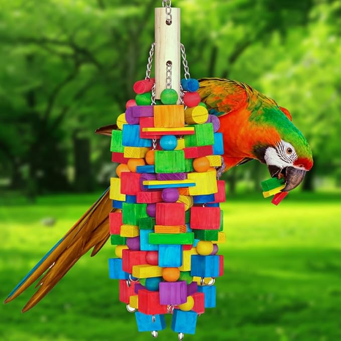 Extra Large Bird Toys for Macaws, Cockatoos - 21.6'' Heavy Duty Natural Parrot Toys for Chewing Foraging with SS Chain & Edible Colors for Medium to Large Parrots, African Grey, Cockatiel, Parakeet