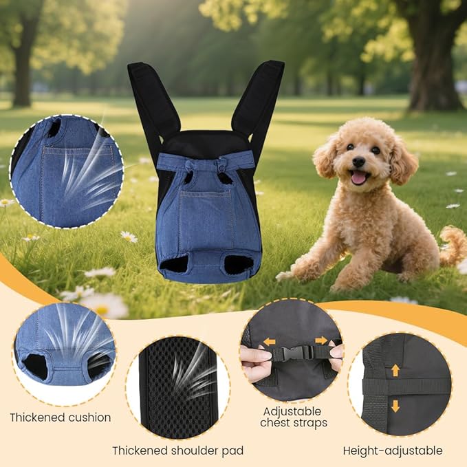 Inspack Dog Backpack Carrier/Cat Carrier, Adjustable Pet Front Carriers Travel Bag for Puppy Dogs, Legs Out, Soft Ventilated Dog Chest Carry Backpacks for Hiking/Camping, 10-16 lbs, Indigo Denim