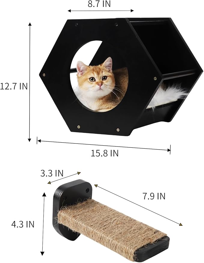 Cat Shelves with 3 Steps Scratcher Post & Hammock - Wall Mounted Climbing Shelf for Indoor Cats (Black)
