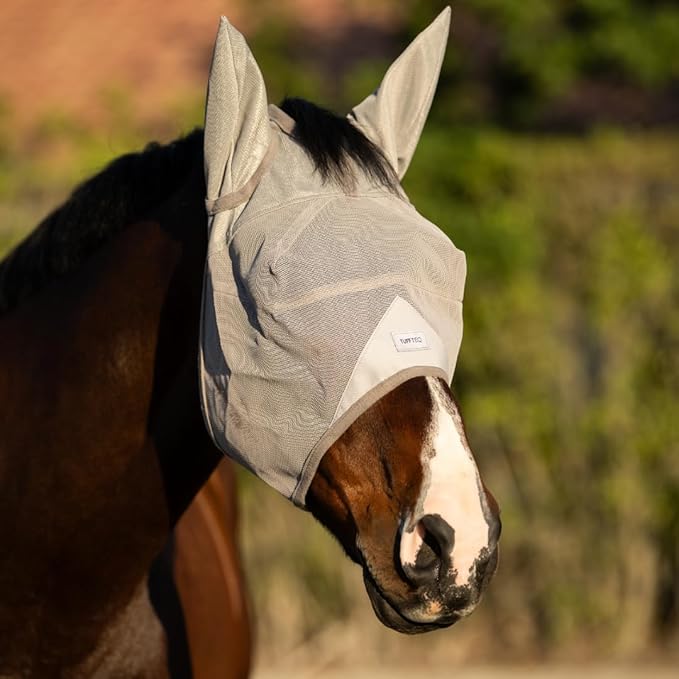 Horse Fly Mask with Ears - Built-in Visor - Breathable, Lightweight Mask - 95% UV Eye Protection - Adjustable Fit for Comfort Horse Medium/Large Size