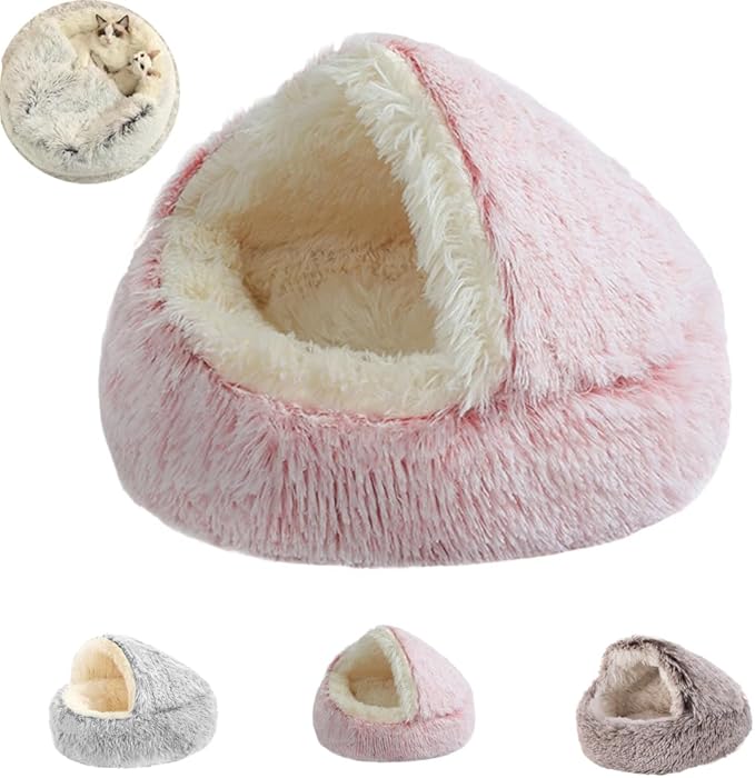 Plush Fluffy Dog and Cats Round Bed, Ultra-Soft Plush with Raised Rim, Non-Slip Bottom, Plush Cat Bed with A Cover, for Small Dogs and Cats (Pink, Small)