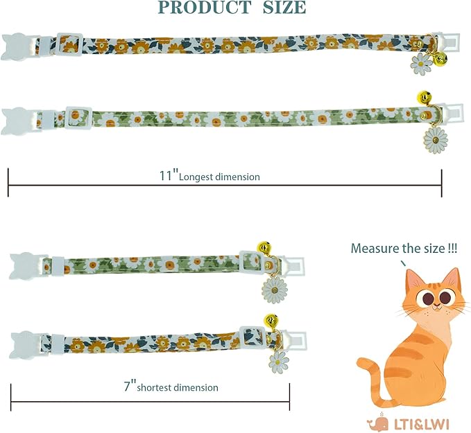 2 Pack Cotton Breakaway Cat Collars with Bell Daisy Pendant Kitty Kitten Collars Green Orange Collar for Female Girl Cats Male Boy Cats