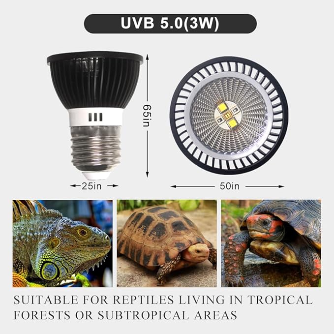 UVB Reptile Heat Lamp Bulbs, UVB Reptile Light Bulb, 3-Watt 5.0 UVA UVB Full Spectrum Light Bulb for Snake, Bearded Dragon, Lizard, Tortoise(Tropical UVB5.0)